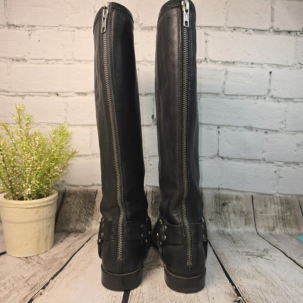 FRYE PHILLIP HARNESS TALL BLACK LEATHER BOOT FULL ZIP BIKER WOMENS 6 EUC